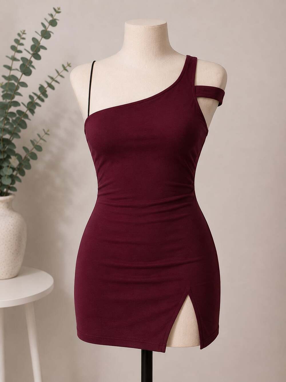 Forever 21 Burgundy One Shoulder Mini Dress with Asymmetric Hem